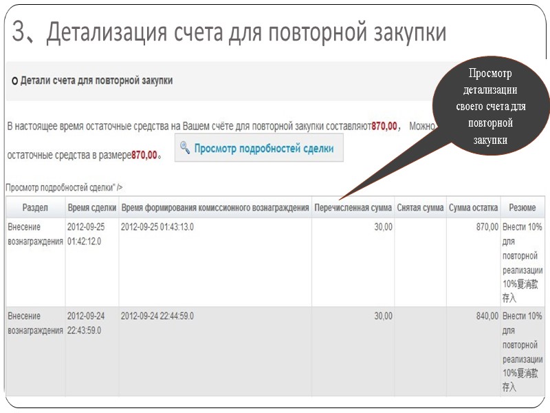 3、Детализация счета для повторной закупки Просмотр детализации своего счета для повторной закупки